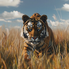 Tiger Prowling in Savannah Grass African Wildlife Scene