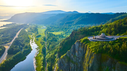 Aerial View of Vista House, River Valley, and Mountainous Landscape