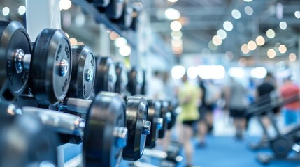 Close-up of dumbbells in a busy gym with people exercising in the background.