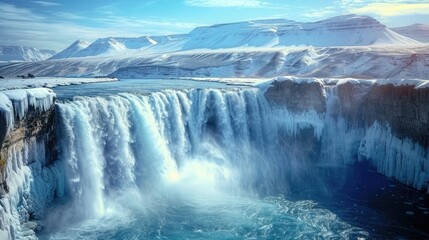 Fototapeta premium A powerful waterfall flowing into a deep blue lake, with snow-capped mountains in the distance