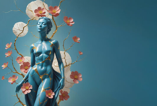 Statue corps de femme kintsugi avec craquelures, se libérer de ses problèmes, thérapie et santé, psychologie	