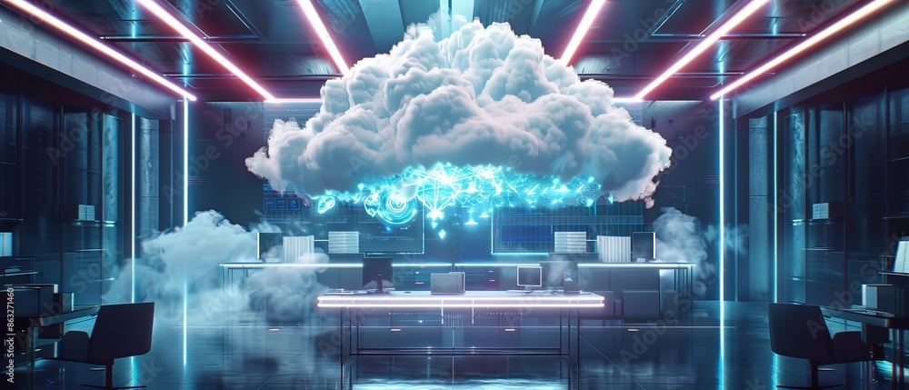 Poster cloud computing data center with glowing lights.