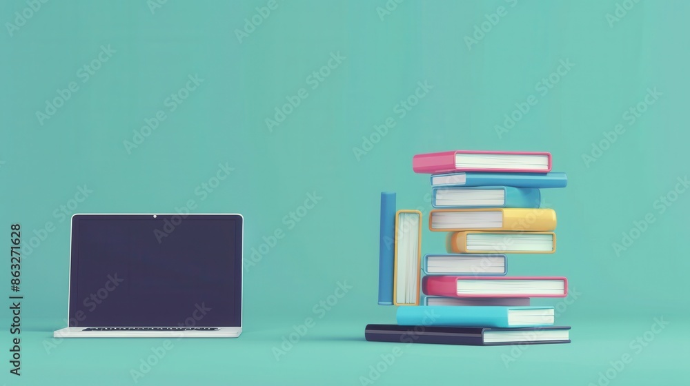 Poster a laptop sits beside a colorful stack of textbooks, representing the modern approach to learning. ge