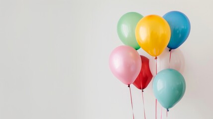 Colorful balloons against a white background, perfect for celebration and party themes.