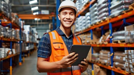 A smiling warehouse worker wearing an orange safety vest and a white helmet holds a tablet while standing in a busy warehouse with shelves full of boxes.