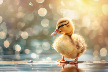 cute yellow duck on bright background with copy space