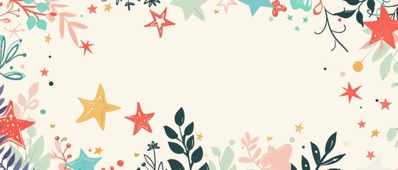 Colorful floral border with stars on white background.