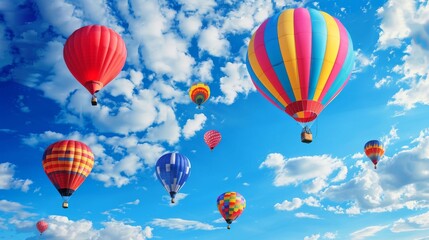 Obraz premium Colorful hot air balloons float against a bright blue sky with white clouds.