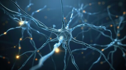 Conceptual illustration of neuron cells with glowing synapses, showcasing neural networks and brain activity in a digital art style.