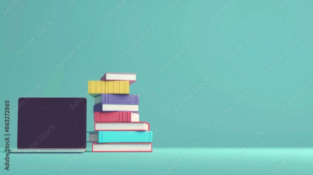 Poster a laptop and a stack of colorful textbooks sit on a teal background, symbolizing the modern methods 