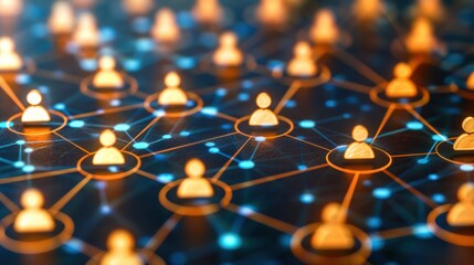 Conceptual illustration representing human resources and global connectivity. Icons of people are interconnected by glowing lines, indicating a network.
