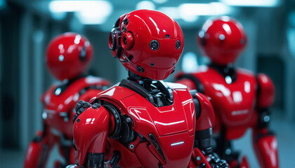 Android robots. Three red robots. Sky-Fi robots are ready to take active action