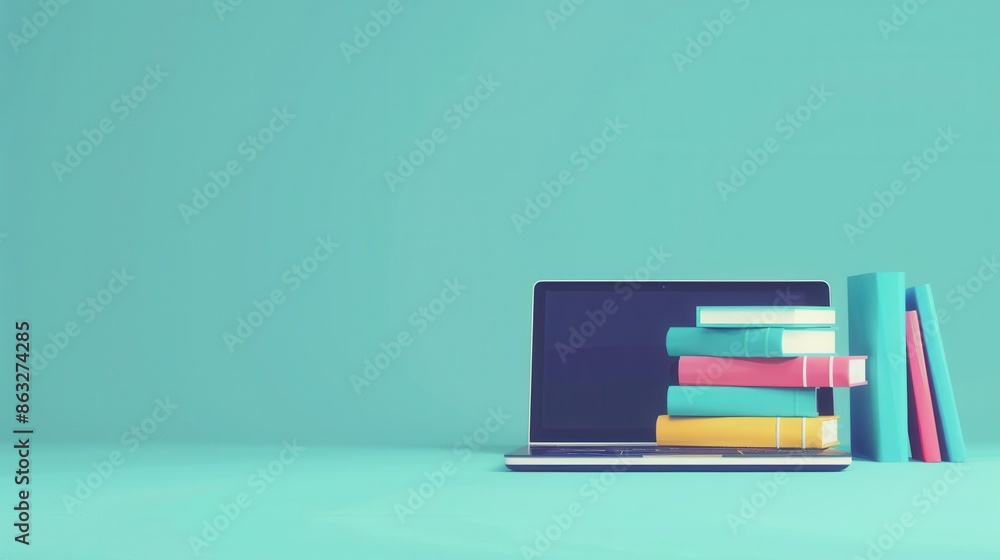 Poster a laptop computer sits on a turquoise surface alongside a stack of colorful textbooks, symbolizing t