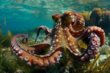 Photo of a single octopus shot direction from the front pose camouflaging time of day midday 