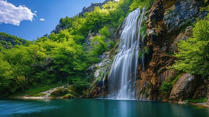 Fototapeta premium A beautiful landscape featuring a waterfall cascading down a rocky cliff into a serene lake, surrounded by vibrant greenery