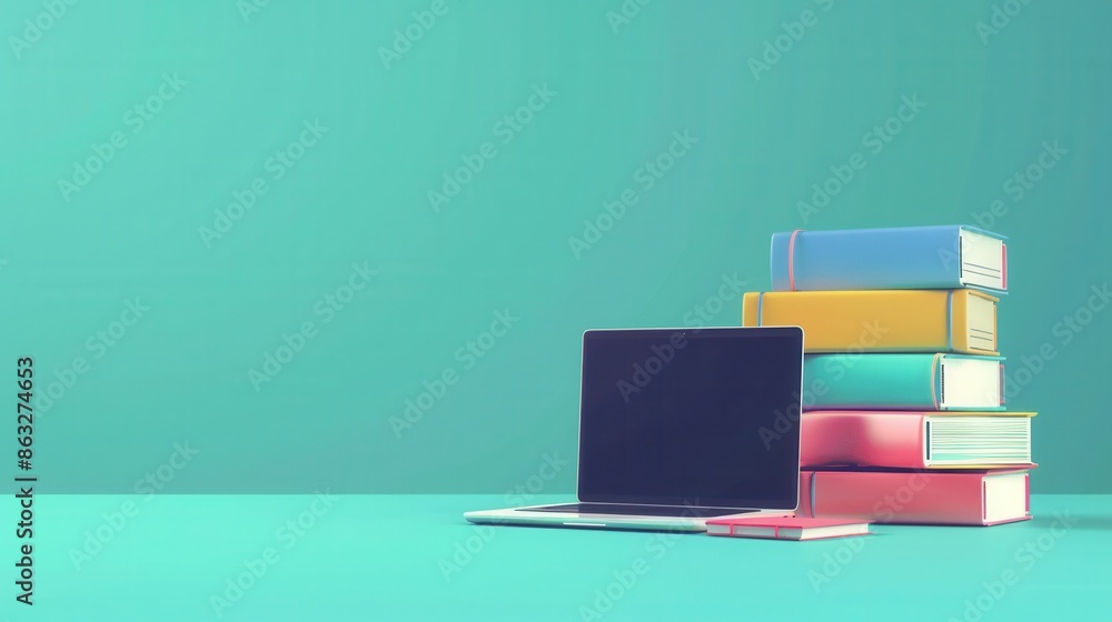 Poster a laptop and a stack of colorful textbooks rest on a turquoise surface, symbolizing the modern ways 