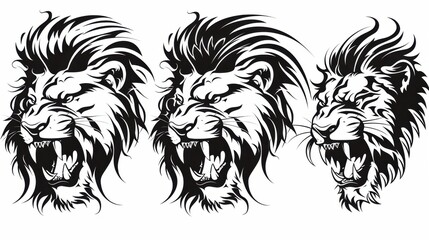 A set of three roaring lion head tattoo designs in black and white, showcasing intense expressions from different angles.