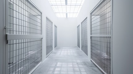 Empty corridor with barred doors, white walls, and a skylight. The sterile environment evokes a sense of confinement and isolation.