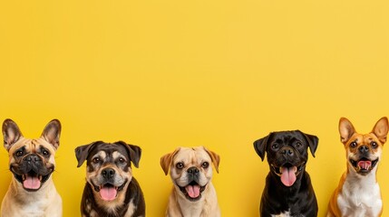 Obraz premium Five happy dogs of different breeds sit in a row against a bright yellow background. They look up at the camera with smiles.