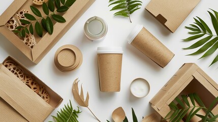 Flat lay of eco-friendly packaging, coffee cups, and greenery on a white background.