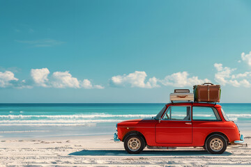 A classic red car loaded with luggage parked on a pristine beach with a clear blue sky and ocean waves in the background evoking a sense of adventure and travel