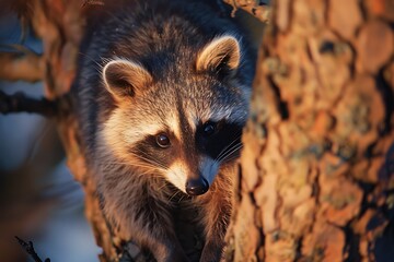 Fototapeta premium Photo of a single raccoon dog shot direction from above pose climbing a tree time of day sunset 