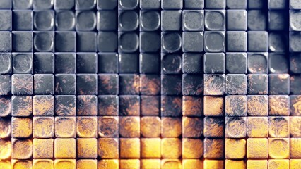 Abstract composition with metallic tiles in blue to orange gradient, creating a modern dynamic visual effect