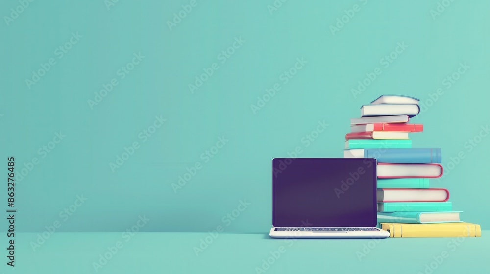 Leinwandbilder a laptop and a stack of textbooks rest on a light blue surface, representing modern learning methods