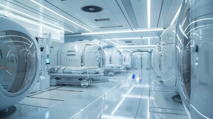 Obraz premium Futuristic medical facility with rows of white pods and blue glowing lights. Sterile and modern interior design.