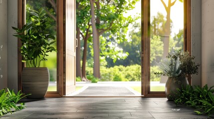 Glass doors leading to a lush green garden with potted plants.  Sunlight streams through the windows, creating a warm and inviting atmosphere.