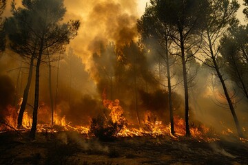 Fototapeta premium fire in a pine forest, big flames and smoke