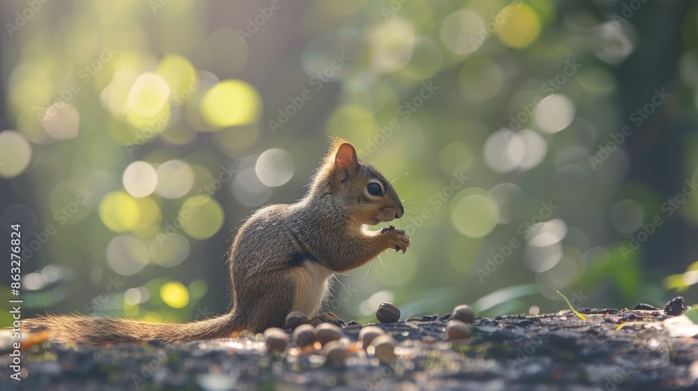 Poster a tiny fox squirrel enjoying nuts while basking in the sunlight