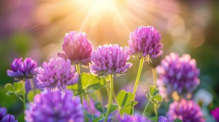The image showcases a beautiful meadow filled with blooming wildflowers of clover under the warm sunlight. The scene highlights the vibrant colors and the beauty of nature in summer.