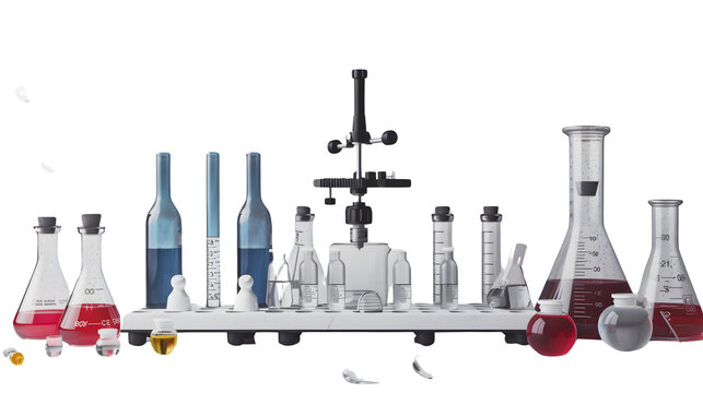 Laboratory equipment with test tubes and beakers, PNG file, transparent background, isolated on white