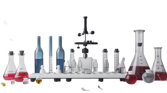 Laboratory equipment with test tubes and beakers, PNG file, transparent background, isolated on white