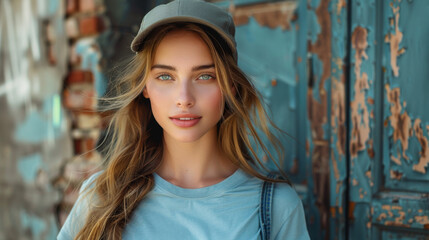 Naklejka premium Hipster girl wearing blank gray t-shirt, jeans and backpack posing against rough street wall, minimalist urban clothing style, mockup for tshirt print store