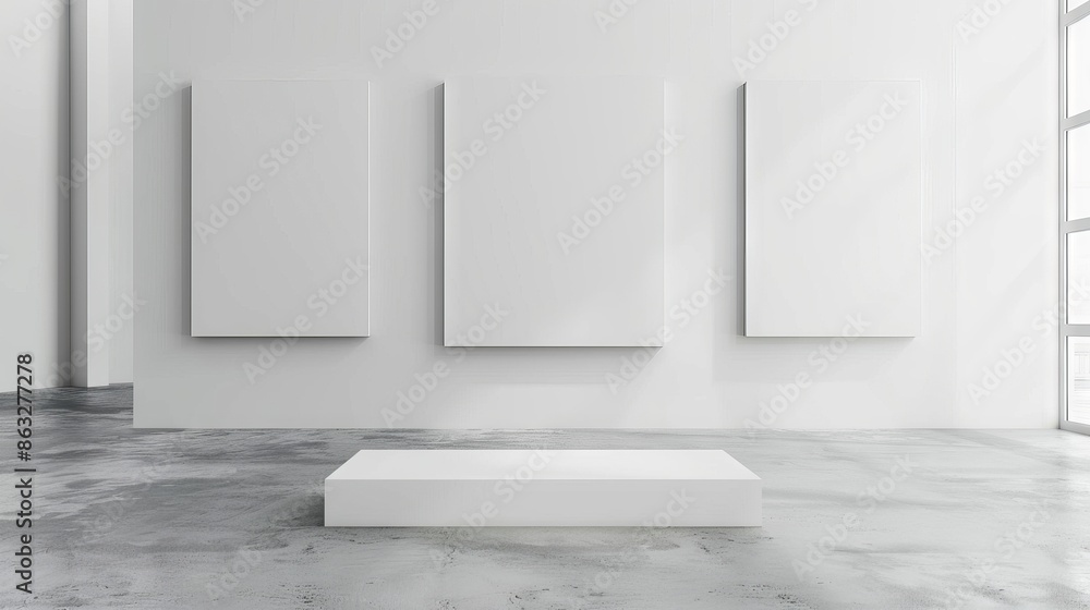 Poster minimalist gallery interior with three blank canvases and a white platform. perfect for product disp