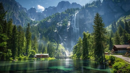 A beautiful mountainous scene with dense forests, a spectacular waterfall, and a clear lake. Cozy cabins and scenic roads add to the charm.