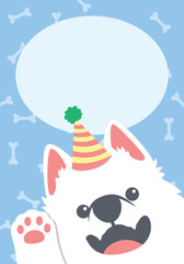 Cute samoyed dog with party hat waving paw cartoon greeting card, vector illustration
