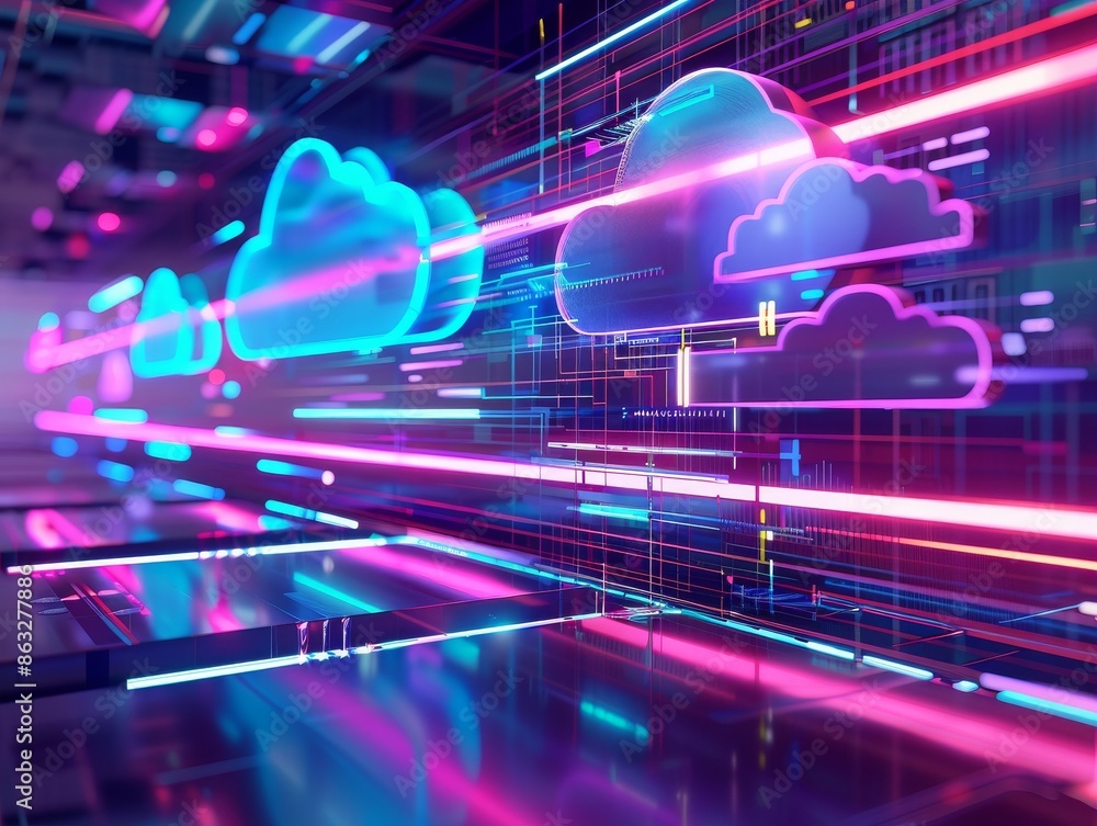 Poster neon glowing cloud icons representing data transfer in a digital network.