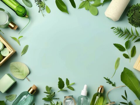 Natural beauty products and green leaves arranged in a circle on a blue background. Perfect for spa, wellness, and organic product promotions.