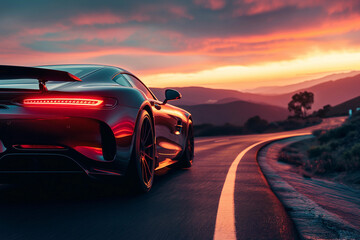 a sports car drives down a road at sunset