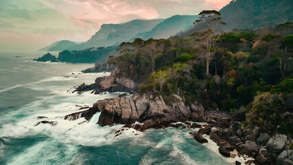 Aerial view of beautiful undocumented natural landscape with coastal cliffs, dense woodlands, sparkling ocean waves

