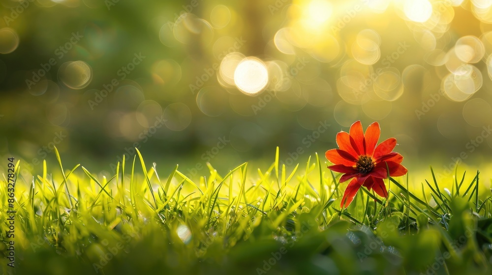 Sticker Close up of a lovely red flower set against a green grass backdrop with sunlight and space for text