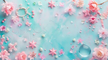 Pastel pink roses and sprinkles on a blue and pink background.