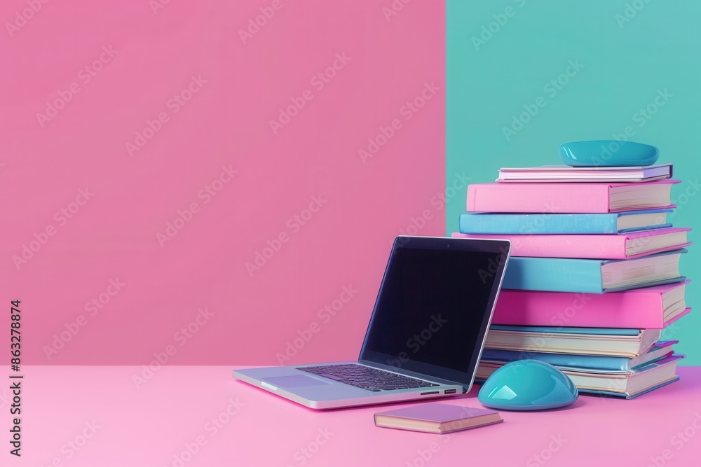 Fototapete a laptop computer and a stack of textbooks on a pink and blue background. this image is perfect for 