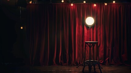 Red velvet curtains and a single spotlight illuminate an empty stage, creating a dramatic and theatrical setting.