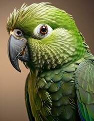 Fototapeta premium An Indian Ringneck Parakeet with its head tilted to one side, showcasing its bright green feathers and distinctive neck ring, set against a plain background to bring focus to the bird’s inquisitive ex