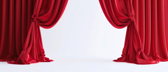 Red velvet curtains pulled back to reveal a white background.
