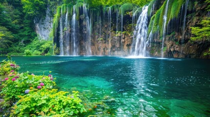 A beautiful scene of a waterfall flowing into a crystal-clear lake, with vibrant green vegetation and colorful flowers surrounding the water